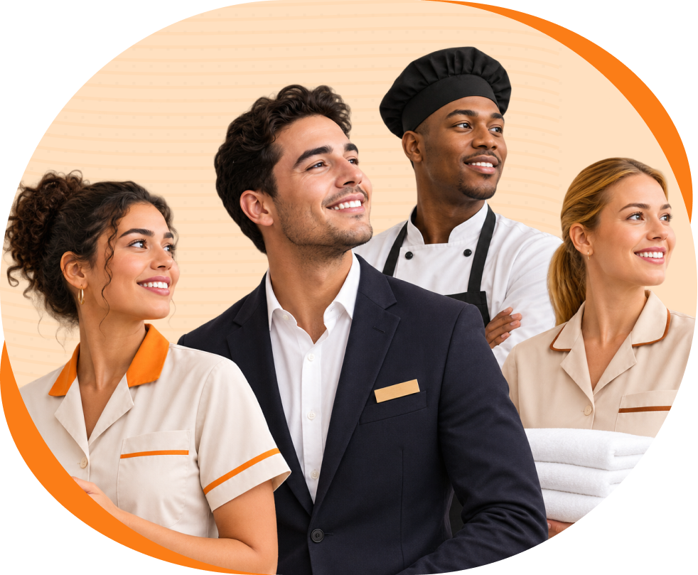 Hospitality professionals in housekeeping, front desk, and culinary uniforms
